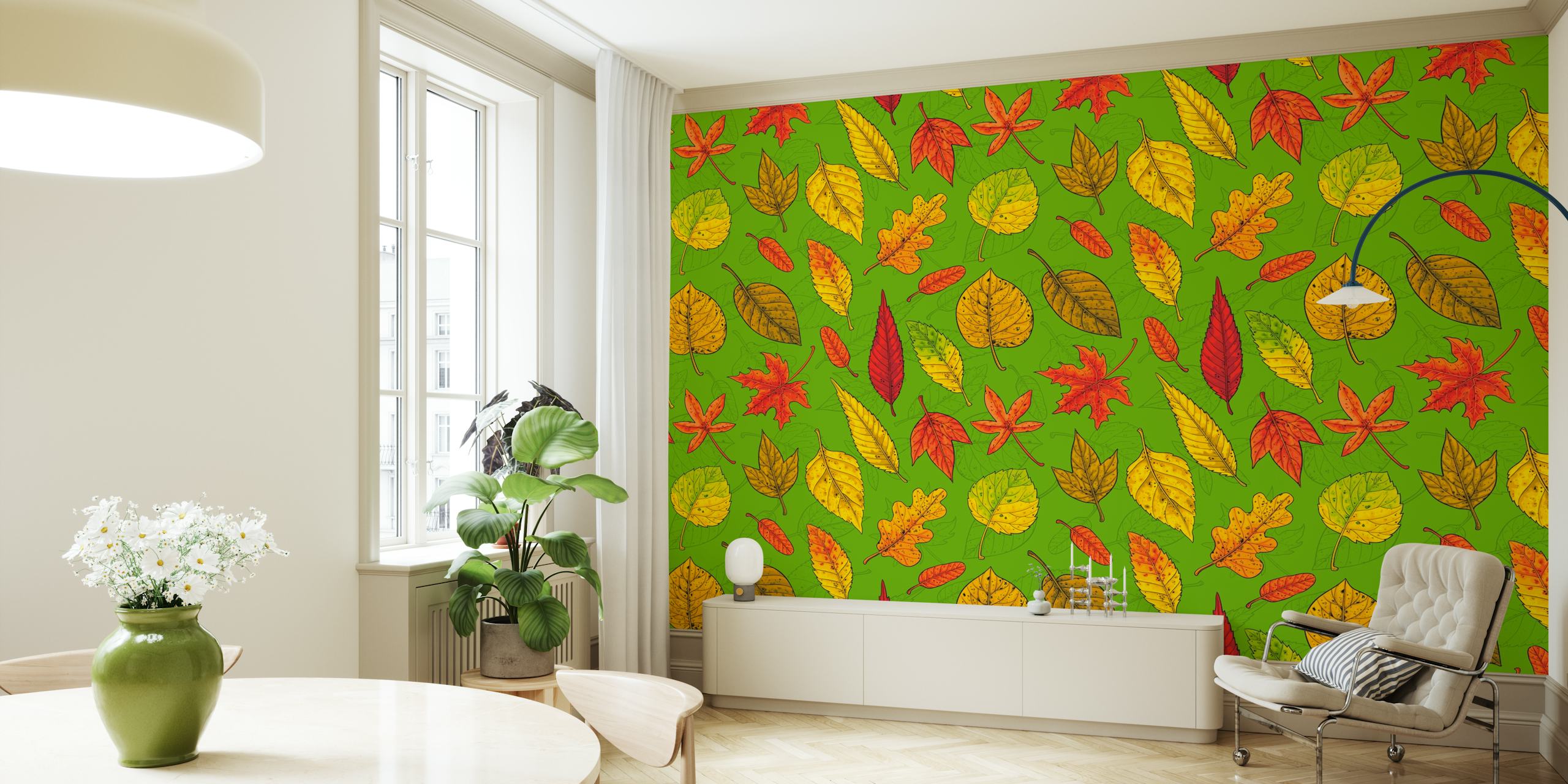 Autumn leaves wallpaper on a green background